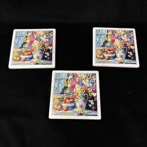 Set of 3 "From A Country Garden Wood" Printed Ceramic Coasters Cork Backing 4in